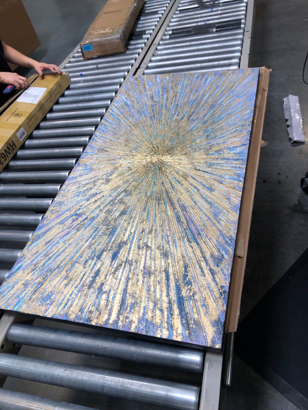 Photo 1 of AZAVY Art,24x48 Inch 100% Hand Painted Contemporary Art Golden Blue Oil Paintings on Canvas Abstract Wall Art Modern Textured Artwork Art Wood Inside Framed Hanging Wall Decoration Abstract Painting