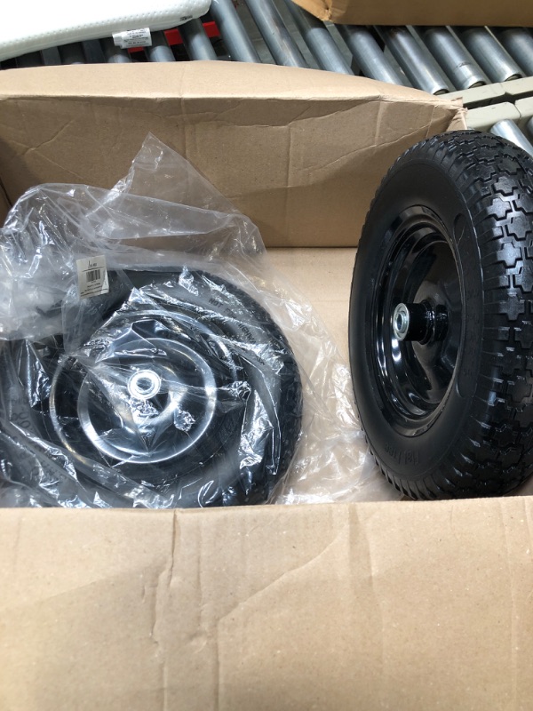 Photo 2 of (2-PACK) 4.80/4.00-8" Flat Free Tire and Wheel - Universal Fit 14.5" Solid Wheelbarrow Tires with 3" Hub and 5/8" Bearings – Extra Adapter kit includes 3/4" Ball Bearings, 1" and 1/2" Nylon Spacers 2 14.5"(Flat Free Tire?
