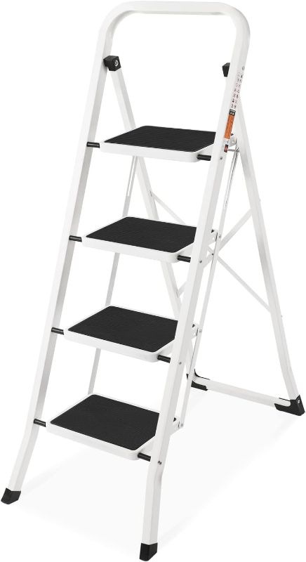 Photo 1 of 4 Step Ladder, SPIEEK Folding Step Stool with Wide Anti-Slip Pedal, 330lbs Capacity Portable Lightweight Ladders for Home Kitchen Outdoor, White White 4-step