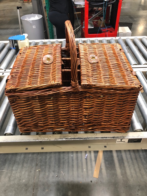 Photo 2 of 4 Person Wicker Picnic Basket Set with Utensils, Glasses, and Insulated Cooler Bag, Outdoor Tableware for Family Gatherings