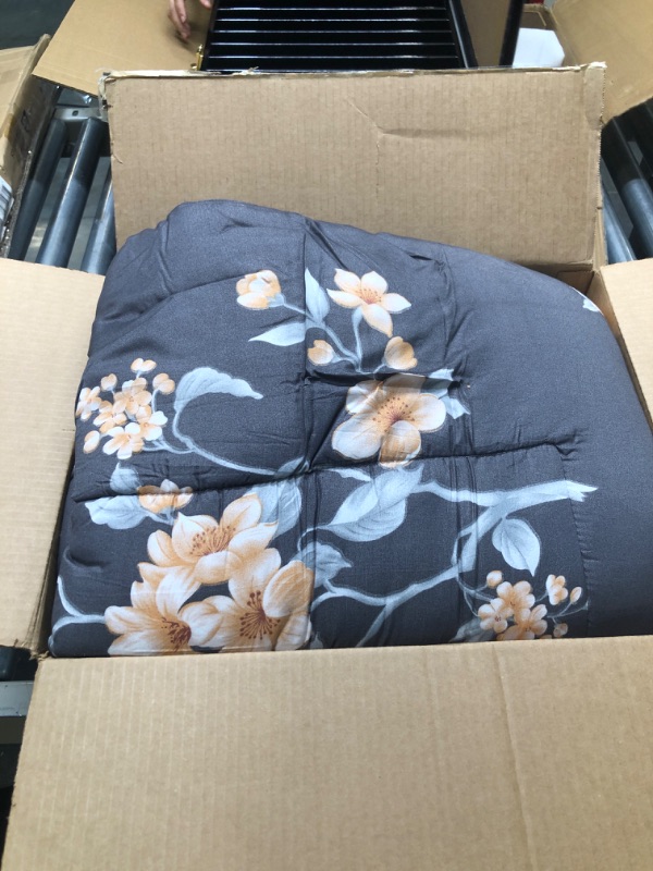 Photo 3 of 7 Pieces Bed in a Bag Queen Size, Dark Gray Floral Style, Soft Microfiber Reversible Bed Comforter Set for All Season (1 Comforter, 2 Pillow Shams, 1 Flat Sheet, 1 Fitted Sheet, 2 Pillowcases) Dark Gray Floral Queen-7 Pieces