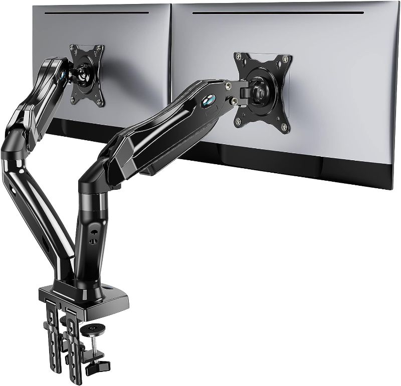 Photo 1 of HUANUO Dual Monitor Arm for 13 to 27 inch, Gas Spring Monitor Stands for 2 Monitors Vesa Mount with Clamp/Grommet Base, Computer Dual Monitor Desk Mount for up to 17.6 lbs per Arm