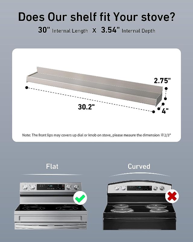 Photo 3 of 30" Upgrade Stainless Steel Stove Top Shelf, Magnetic Shelf for Kitchen Stove/Oven, Over The Stove Spice Rack Organizer, Back of Oven Shelf for Top Of Stove with Border All Around, Silver 30" Silver