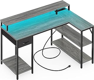 Photo 1 of SUPERJARE L Shaped Gaming Desk with LED Lights & Power Outlets, Reversible Computer Desk with Shelves & Drawer, Corner Desk Home Office Desk, Gray