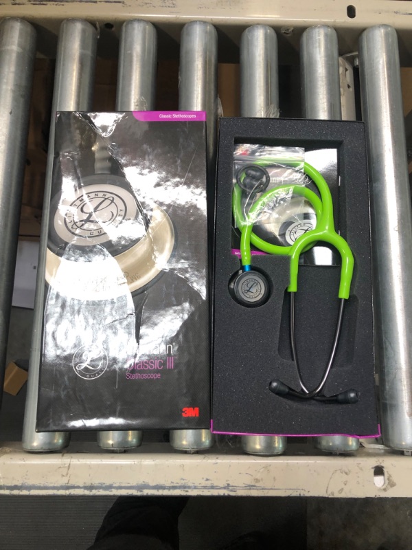 Photo 2 of 3M Littmann Classic III Monitoring Stethoscope, Smoke Chestpiece, Lime Green Tube, Blue Stem and Smoke Headset, 27 inch, 5875 Smoke Finish Chestpiece, Lime Green Tube