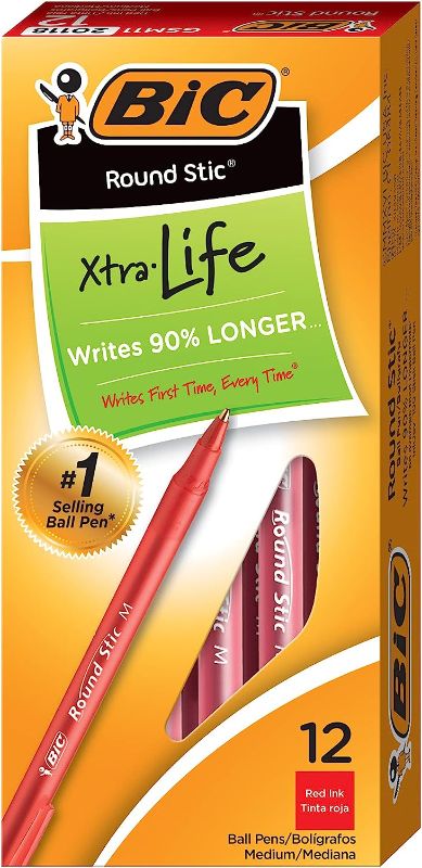 Photo 1 of BIC Round Stic Xtra Life Ballpoint Pen, Red Ink, 1mm, Medium, Dozen