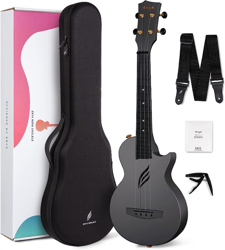 Photo 1 of Enya Concert Ukulele Nova U 23’’ Carbon Fiber Travel Ukulele with Beginner Kit includes online lessons, case, strap, capo and strings (Black)
