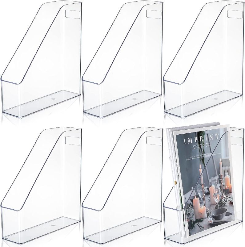 Photo 1 of 6 Pcs Clear Acrylic Magazine File Holder Plastic Desk Organizer with Handle Basics Vertical Magazine Rack Desk Folder Document Storage Organizer for Home Office School Work Study Desktop Supplie