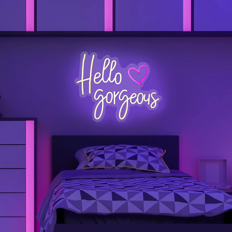 Photo 1 of KUNBIGO Hello Gorgeous Neon Signs, Light Up sign for Girls' Bedrooms, Cafes, Shops, Bars, Parties, Romantic Weddings, Dimmable Warm White Wall Lamp-Size 16.7"X12.3"