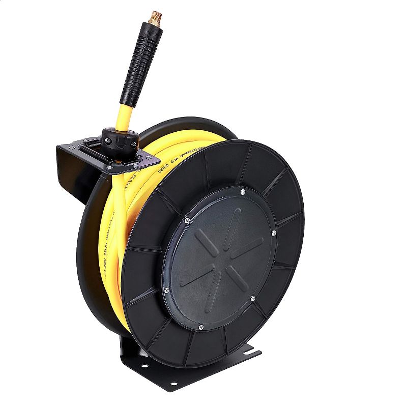 Photo 1 of AmazonCommercial GAC-HR-004 Air Reel Retractable 3/8" Inch x 50' Feet Premium Commercial Flex Hybrid Polymer Hose Max 300 PSI Heavy Duty Steel Frame, 13.2''x5.5''x11'', Squid Ink, Daisy