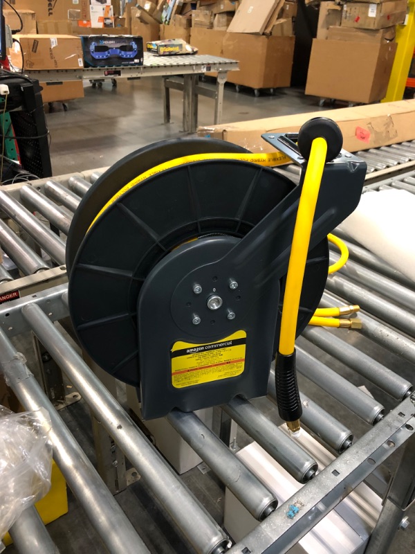 Photo 1 of AmazonCommercial GAC-HR-004 Air Reel Retractable 3/8" Inch x 50' Feet Premium Commercial Flex Hybrid Polymer Hose Max 300 PSI Heavy Duty Steel Frame, 13.2''x5.5''x11'', Squid Ink, Daisy