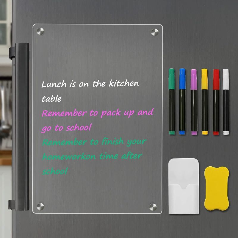 Photo 1 of Clear Acrylic Dry Erase Board for Fridge, 12”×8” Magnetic Weekly Meal Planner, Kitchen Menu Planner Board for Refrigerator Includes 6 Colors Markers, Pen Container and Erase