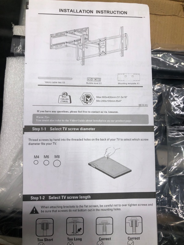 Photo 3 of MOUNTUP TV Wall Mount Full Motion for Most 47"-90" Flat/Curved TVs, Swivel Tilt TV Mount for 65 70 75 80 82 85 inch TVs, TV Bracket for Max 24 inches Studs, Up to 154lbs, Max VESA 800x400 MU0015