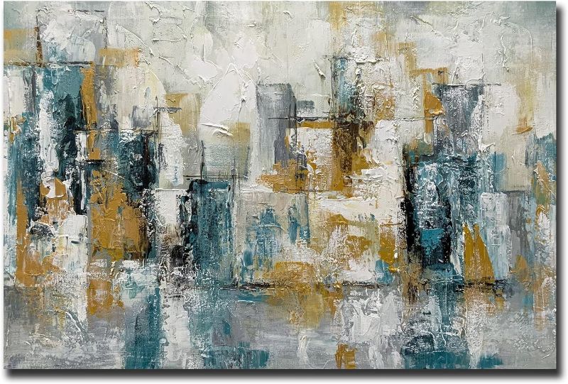 Photo 1 of AZAVY ART,24X36 Inch Abstract Hand Painted Wall Art Hazy Cityscape Oil Paintings Multicolor Art on Canvas Brush Stroke Artwork Stretched and Framed Ready to Hang
