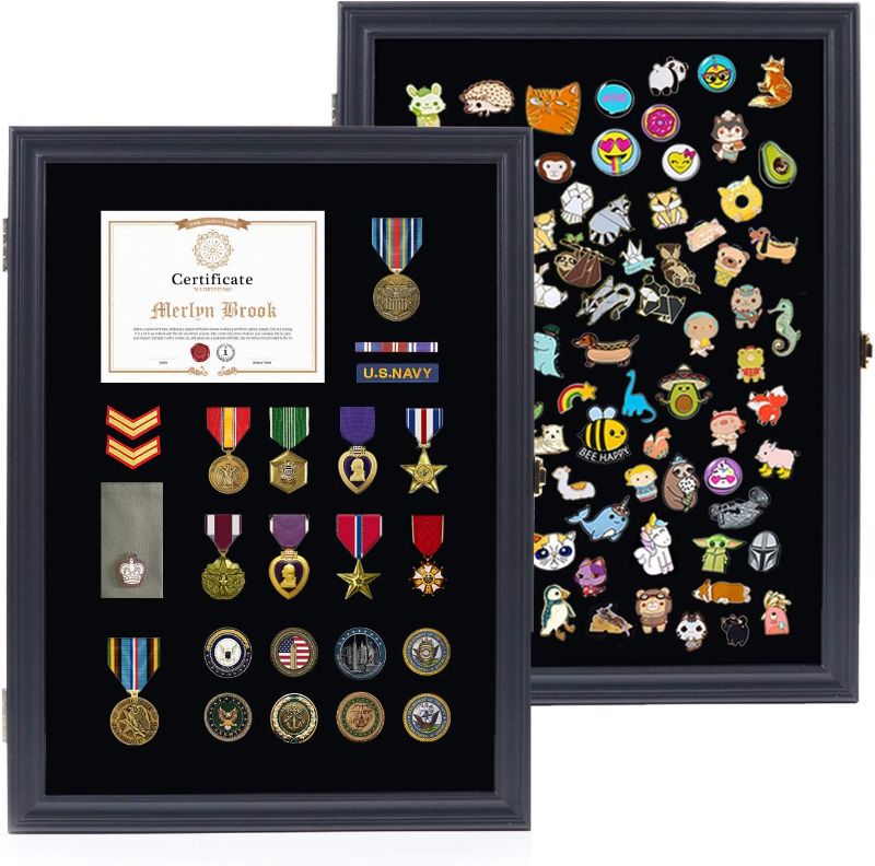 Photo 1 of 19 X 14 Pin Display Case Military Shadow Box Pin Collection Display Military Medal Display Case Pin with UV Protected Anti Fade 92% Clear Display Holder Board Frame for Patch Ribbon Award in Black
