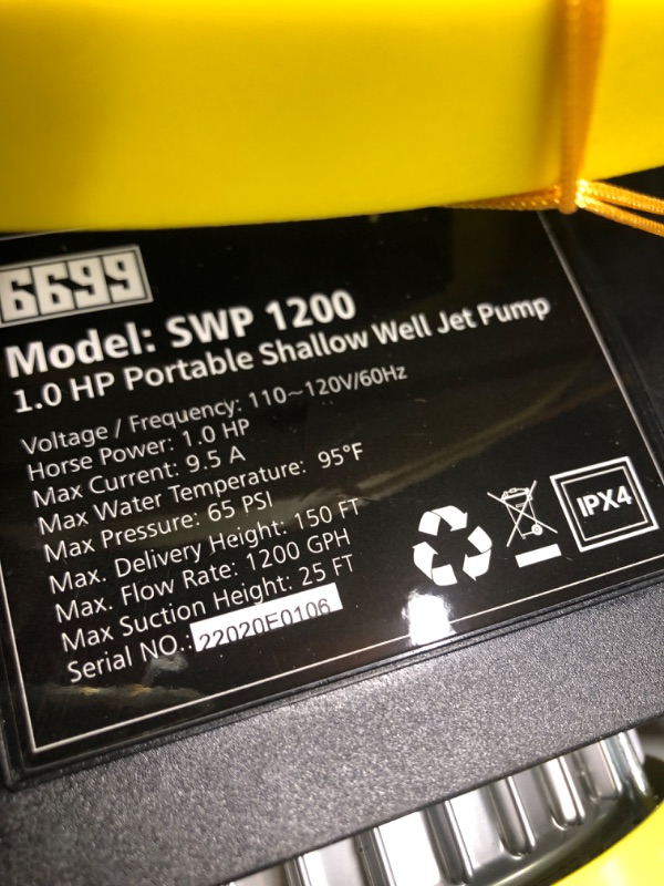 Photo 5 of 6699 1HP Shallow Well Pump Portable Max 150FT Head Garden Transfer Pump 25FT Long Cable Working Pressure 65Psi with Prefilter for Clean Water Booster Easy Installation Sprinkler Home Lawn Irrigating Max. Lift Head up to 150ft