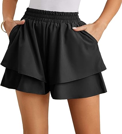 Photo 1 of  MAKARTHY High Waisted Shorts for Women Wide Leg Casual Loose Elastic Waist Side Pockets BLACK L
