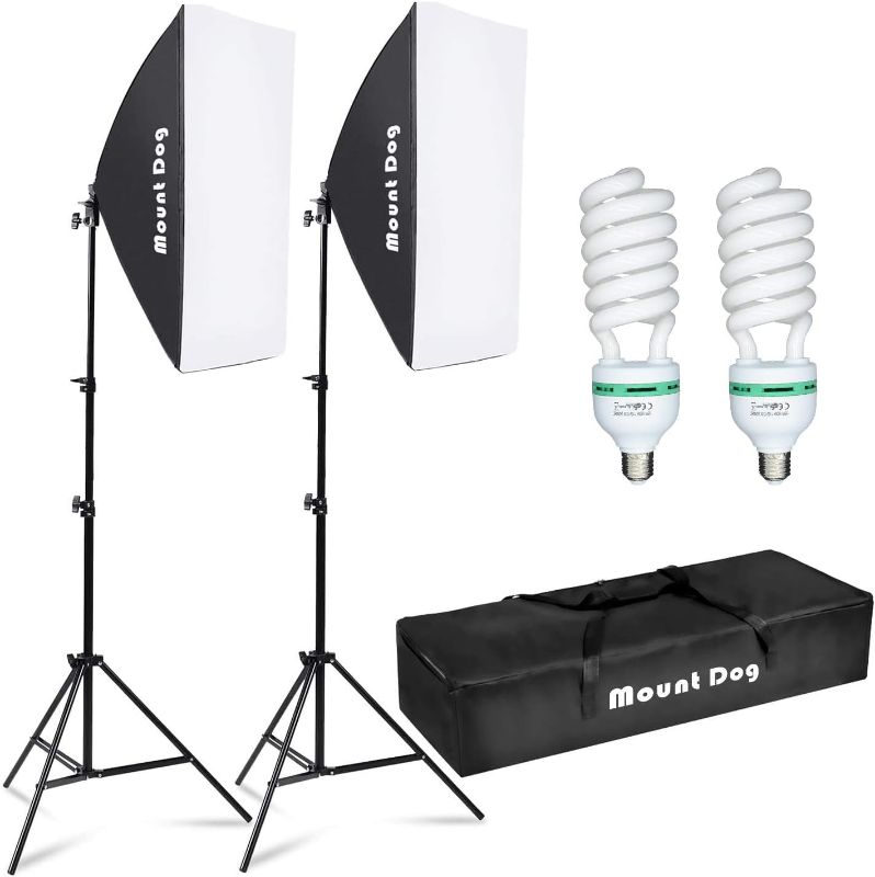 Photo 1 of MOUNTDOG Softbox Lighting Kit Photography Studio Light 2x50x70cm Professional Continuous Light System with E27 95W Bulbs 5500K Photo Equipment for Filming Model Portraits Advertising Shooting 2 * Softbox Black-white