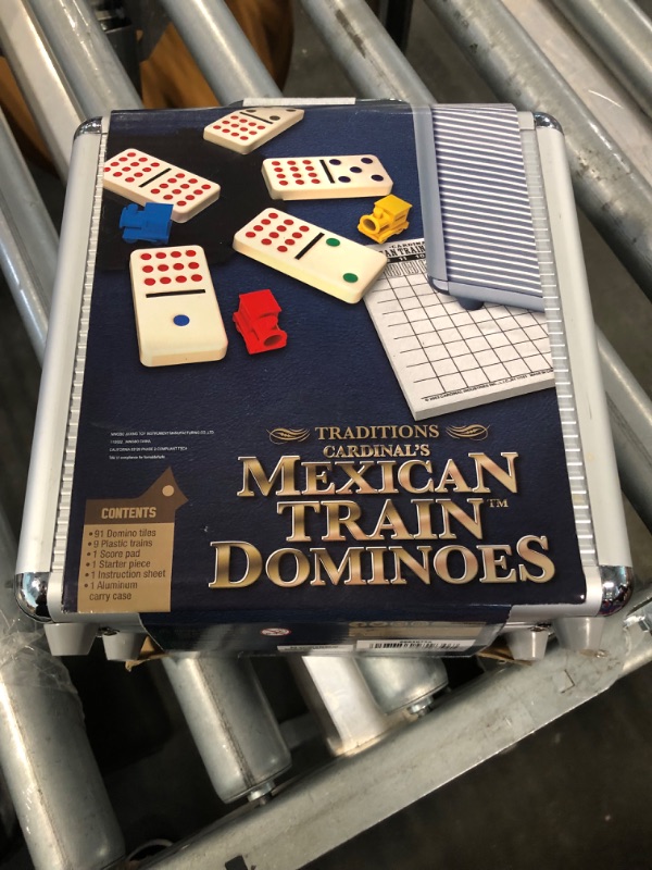 Photo 2 of Mexican Train Dominoes Set Tile Board Game in Aluminum Carry Case Games with Colorful Trains for Family Game Night, for Adults and Kids Ages 8 and up