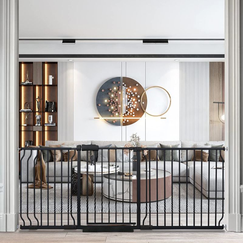 Photo 1 of HOOOEN Extra Wide Baby Gate Extra Wide Extra Tall Dog Gates for Stairs Doorways Black Metal Tension Indoor Safety Gates with Pressure Mount 76.38-81.1 Inch 76.38-81.10 Inch Black