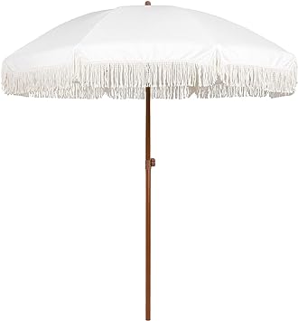 Photo 1 of AMMSUN 7ft Patio Umbrella with Fringe Outdoor Yard Umbrella UPF50+ Wood Color Steel Pole and Steel Ribs Push Button Tilt