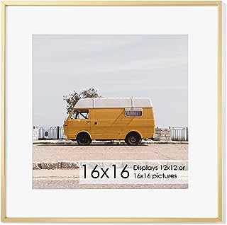 Photo 1 of 16x16 Metal Picture Frame with 12x12 Mat, Brushed Aluminum Finish, Tempered Glass Front, and Attached Hanging Hardware - Versatile Wall Display Frames for Vertical or Horizontal Orientation(Gold, Pack of 1)