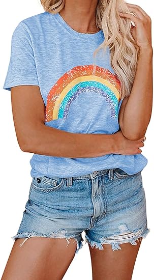 Photo 1 of Uusollecy Womens B-rainbow Sky Blue T Shirt Summer Short Sleeve Shirts Loose Casual Tops Crewneck Tee Top Blouses, MEDIUM Size
