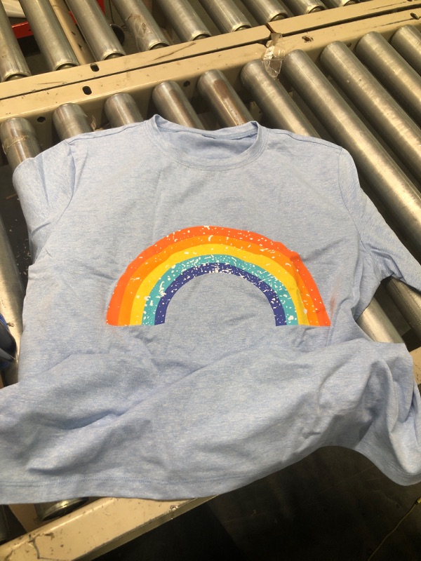 Photo 3 of Uusollecy Womens B-rainbow Sky Blue T Shirt Summer Short Sleeve Shirts Loose Casual Tops Crewneck Tee Top Blouses, MEDIUM Size
