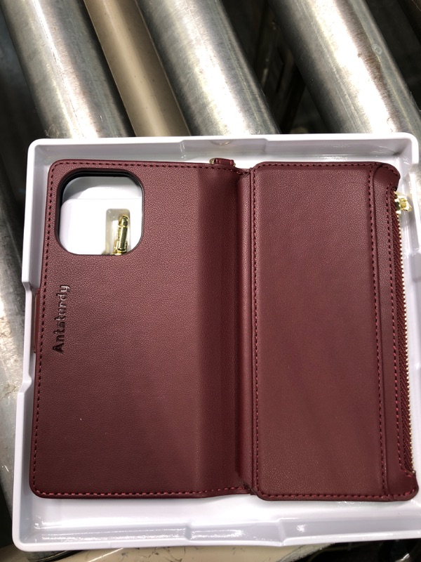 Photo 3 of Antsturdy iPhone 13 Wallet case with Card Holder for Women Men,?RFID Blocking? iPhone 13 Phone case PU Leather Flip Folio Shockproof Cover with Strap Zipper Credit Card Slots,Wine Red