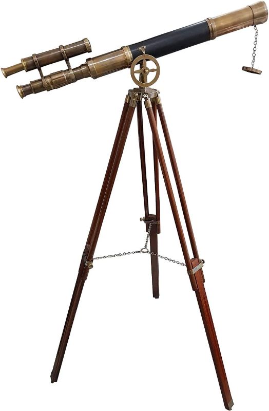 Photo 1 of Nautical Style Black Leather Telescope Maritime Brass Antique Double Barrel Designer Telescope W/Wooden Tripod Floor Standing Telescopic - collectiblesBuy