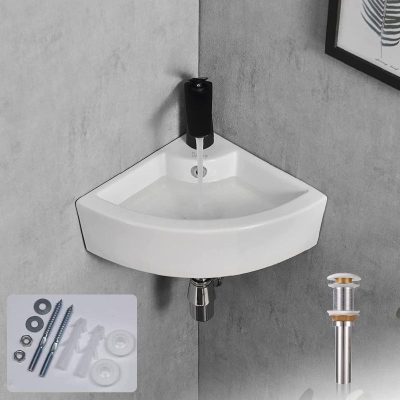 Photo 1 of Davivy 18" x 13" Corner Bathroom Sink with Pop Up Drain and Installation Kit,Wall Mount Corner Sink,Ceramic Vessel Sink,Small Corner Sink,White Vessel Sink,Corner Vanity Sink for Bathrooms