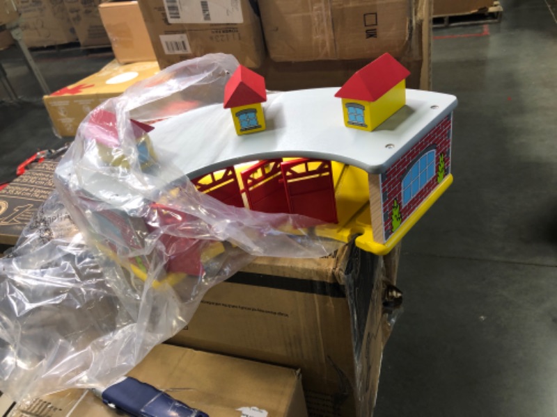 Photo 3 of Wooden Train Round House Combo with Rotating Turntable. Vibrant Colors Detailed Houses 5 Engines or Cars. Universally Compatible with Major Brands