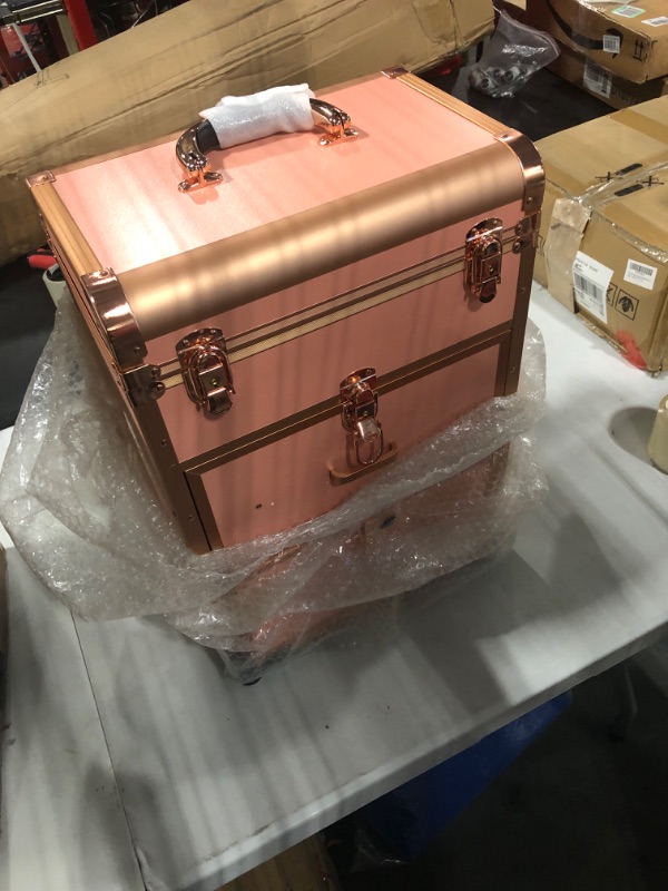 Photo 1 of Adazzo Professional Rolling Makeup Train Case with Drawers, Large Cosmetic Trolley with Locks, Cosmetics Storage Organizer Make up Case for Travel Makeup/Nail Art/Hair Styling, Matte Gold