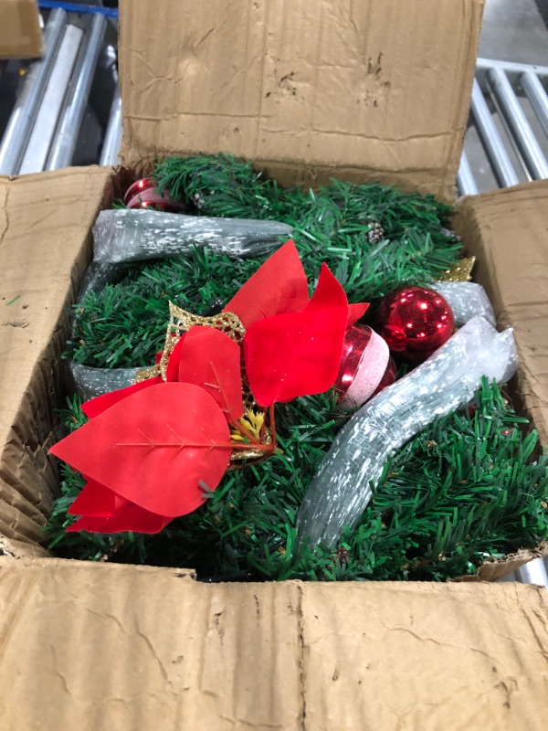 Photo 1 of [2 Pack & Timer] 9 Ft 100 LED Prelit Christmas Garland Lighted 8 Mode, Each 18 Ball 6 Poinsettia 300 Thick Snowy Tips 18 Pine Corn 198 Red Berry Battery Operated Christmas Decor Mantle Indoor Outdoor