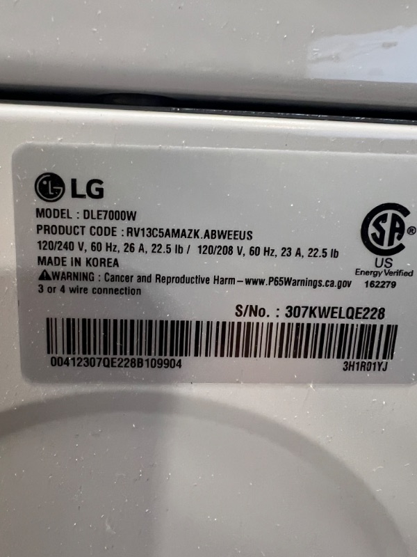 Photo 3 of ***FOR PARTS ONLY***

LG 7.3-cu ft Electric Dryer (White) ENERGY STAR
