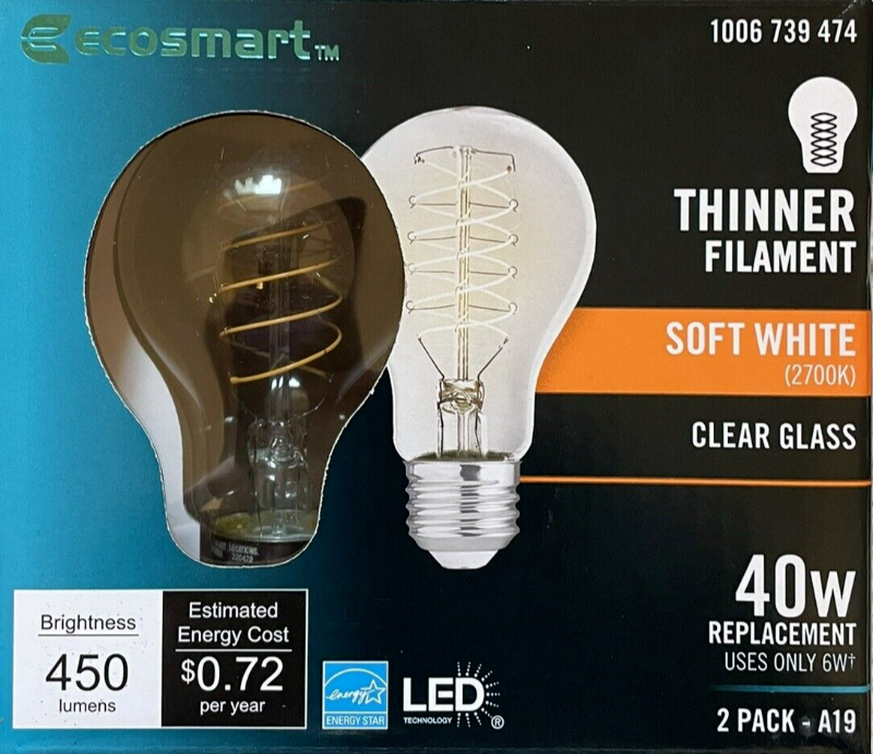 Photo 1 of 2 EcoSmart 40-Watt Soft White Clear Glass A19 LED Light Bulbs - 450 Lumens 6 Pack
