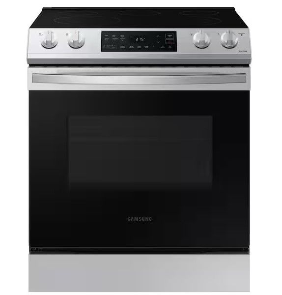 Photo 1 of Samsung
30 in. 6.3 cu. ft. Slide-In Electric Range with Self-Cleaning Oven in Stainless Steel