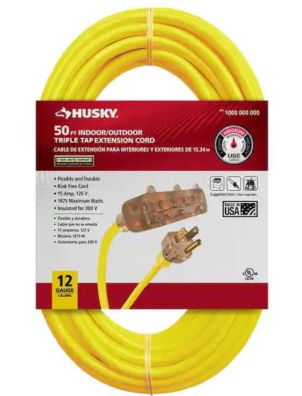 Photo 1 of Husky 50 ft. 12/3 Lighted Triple Tap Extension Cord
