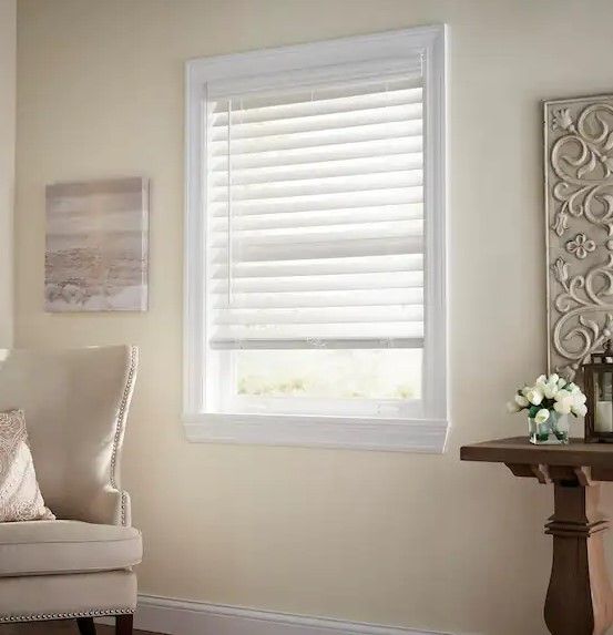 Photo 1 of Home Decorators Collection White Cordless Premium Faux Wood Blinds with 2.5 in. Slats - 30 in. W X 64 in. L (Actual Size 29.5 in. W X 64 in. L)
