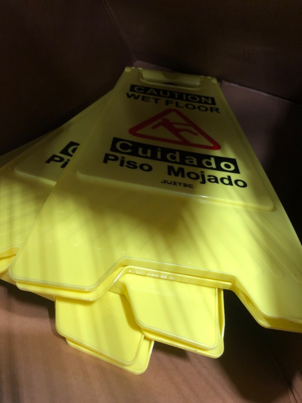 Photo 2 of Alpine 24-Inch Caution Wet Floor Sign - 3 Pack A-Frame Bright Yellow Warning Sign - Sturdy Double Sided Fold Out Bilingual Floor Alert Ideal for Commercial Use