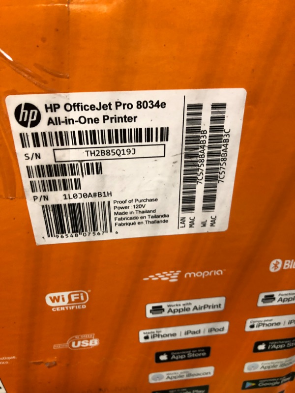 Photo 1 of HP OfficeJet Pro 8034e Wireless Color All-in-One Printer with 1 Full Year Instant Ink,White