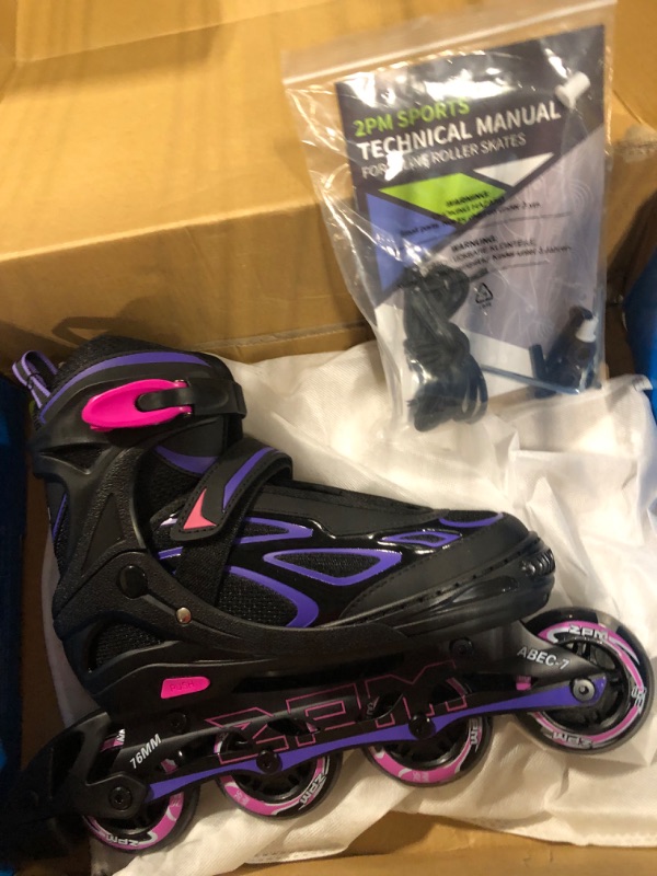 Photo 3 of 2PM SPORTS Vinal Girls Adjustable Flashing Inline Skates, All Wheels Light Up, Fun Illuminating Skates for Kids and Men- Azure Small (1Y-4Y US) Violet & Magenta Large - Youth (4-7 US)