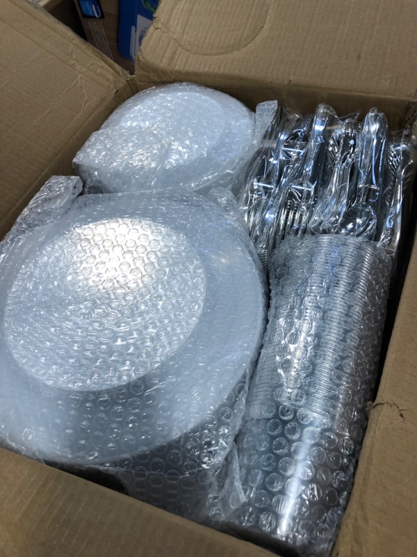 Photo 3 of 600 Piece Silver Dinnerware Set 100 Guests, Disposable Silver Rim Plates, 100 Dinner Plastic Plates, 100 Salad Silver Plates, 100 Silver Plastic Silverware, 100 Plastic Cups Wedding Birthday Parties