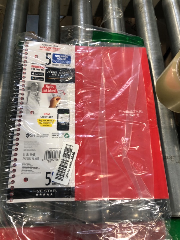 Photo 1 of Five Star Spiral Notebook + Study App, 5 Subject, College Ruled Paper, Fights Ink Bleed, Water Resistant Cover, 8-1/2" x 11", 200 Sheets, Red (72077)