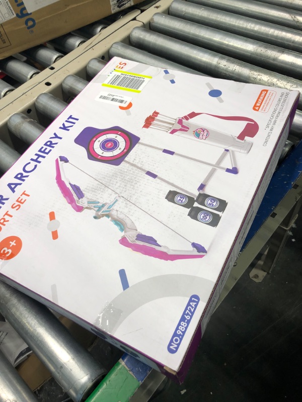 Photo 2 of HYES Bow and Arrow for Kids, LED Light Up Archery Set with 12 Suction Cup Arrows, 1 Hanging Target, 3 Score Targets & 1 Quiver, Indoor Outdoor Sport Gifts for Boys Girls Ages 4-12, Purple