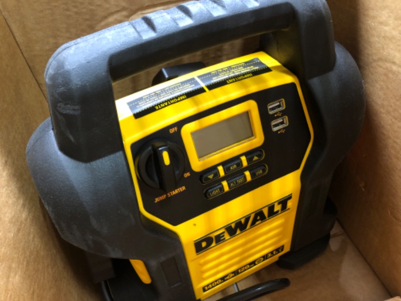 Photo 2 of DEWALT DXAEJ14 Digital Portable Power Station Jump Starter: 1400 Peak/700 Instant Amps, 120 PSI Digital Air Compressor, 3.1A USB Ports, Battery Clamps , Yellow