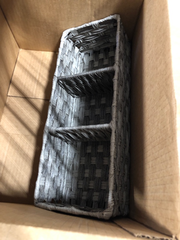 Photo 1 of [Larger Compartments] Toilet Tank Topper Paper Basket - Multiuse Hand Woven Plastic Wicker Basket with Divider for Organizing, Rustic Farmhouse Bathroom Decor, Countertop Organizer Storage, Gray Wash