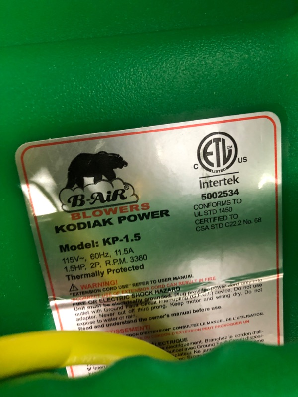 Photo 4 of B-AIR Kodiak 1.5 HP ETL Bounce House Blower, Green