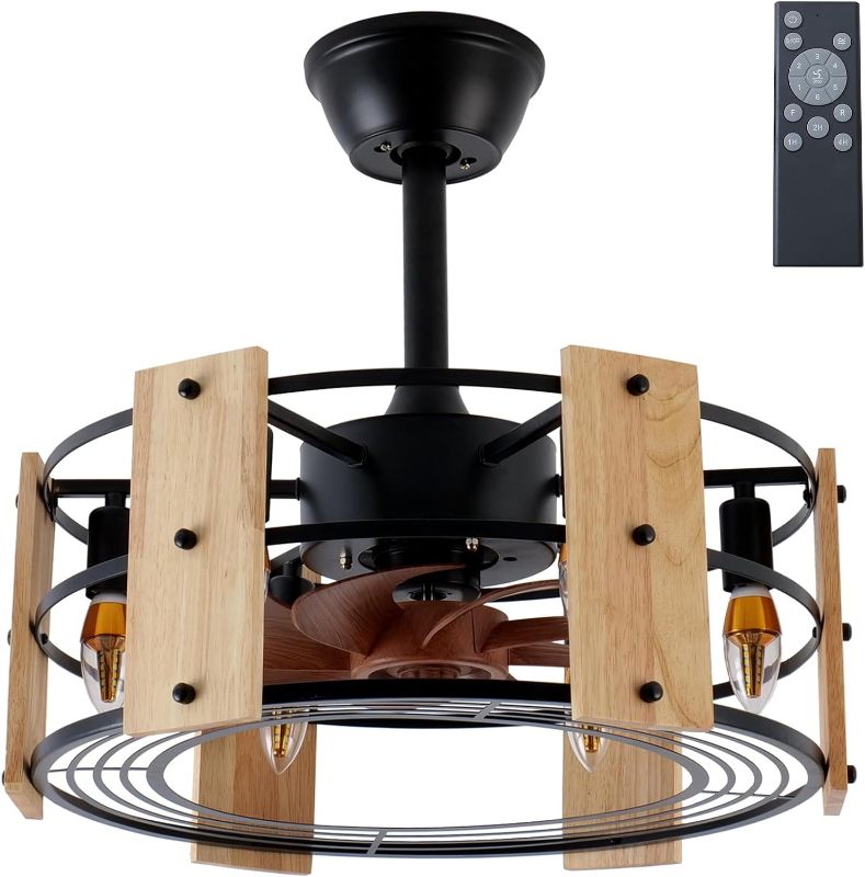 Photo 1 of 18.11'' Wood Caged Ceiling Fan with Light, 6 Speeds Retractable and Reversible 8 Enclosed Blades Vintage Ceiling Fan with Remote, 6-Lights Farmhouse Ceiling Fan Lamp for Living Room Bedroom Kitchen