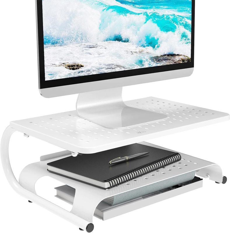 Photo 1 of WALI Monitor Stand Riser, Desk Organizer with 2 Tiers Storage Shelf, Vented Metal Design for Laptop, Computer Monitor and Printer (STT001BW), 1 Pack, White
